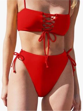 Red Lace-Up High-Waist Bikini Set - Women Swim